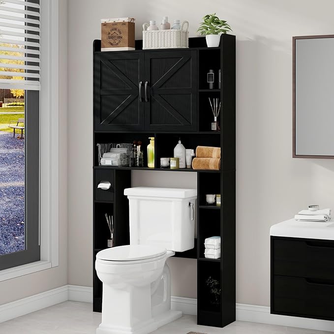 Vabches Over The Toilet Cabinet, Double Doors Bathroom Shelf Organizer with Toilet Paper Holder Stand and Open Storage Shelf, Small Freestanding Space Saver for Restroom, Bathroom, Laundry, Black