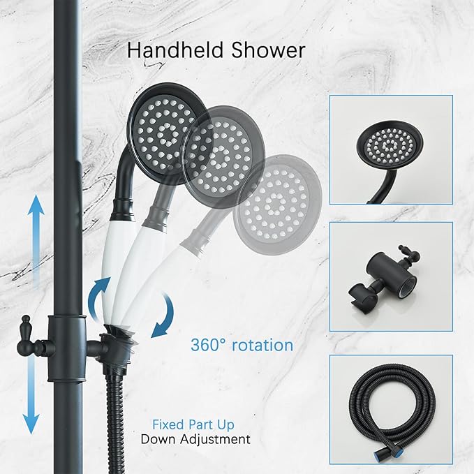 Shower System Matte Black Outdoor Shower Fixtures with 8 Inch Shower Head Handheld Spray and Tub Spout 2 Cross Handles Wall Mounted Shower Faucet Set for Bathroom or Backyard