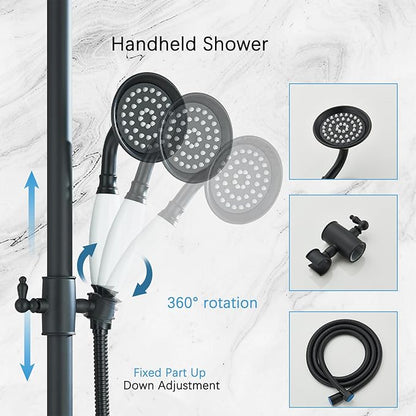 Shower System Matte Black Outdoor Shower Fixtures with 8 Inch Shower Head Handheld Spray and Tub Spout 2 Cross Handles Wall Mounted Shower Faucet Set for Bathroom or Backyard