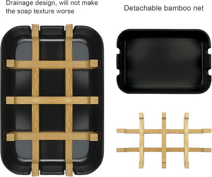 2 Pack Bamboo Soap Dish, Self-Draining Hand Soap Box, Wooden Bamboo Bar Soap Holder for Shower, Bathroom, Kitchen, Bathtub, Bar Sink (Black)