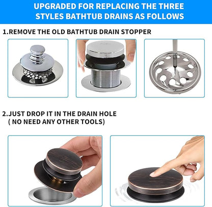 Bathtub Drain Stopper, Uxoz Universal Tub Stopper for Replacing Tip Toe/Trip Lever/Lift&Turn Tub Drain, Bath Tub Drain Stoppers Desiged for 1.5" to1.72 Drain Hole with 3 O-Rings, Oil Rubbed Bronze