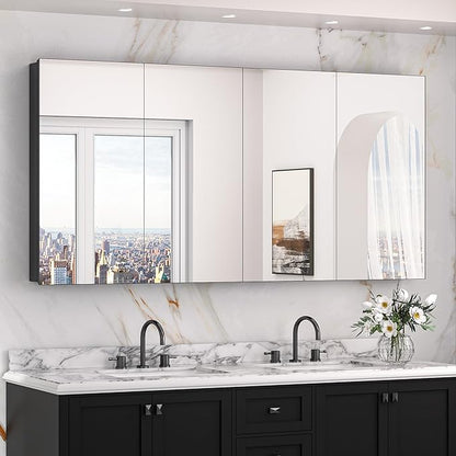 Keonjinn 64 x 32 Inch Medicine Cabinet, Assembly Required, Black Bathroom Medicine Cabinets Mirror, Lightweight, Adjustable Shelves, Surface Mount or Recessed, Tempered Glass