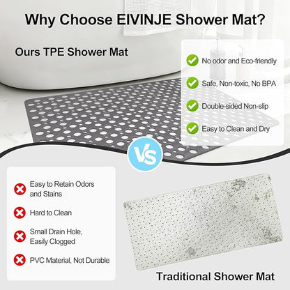 Anti Slip Shower Mat with Suction Cups,23.6x35.4 Inch Quick Drain TPE Non Slip Shower Mats for Inside Shower,Large Bath Mat for Shower Soft on Feet, Easy to Dry&Cut Machine Washable