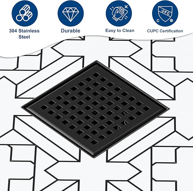 Neodrain 4 Inch Square Shower Drain with Removable Quadrato Pattern Grate, Matte Black 304 Stainless Steel Square Drain, with Watermark&CUPC Certified, Hair Strainer
