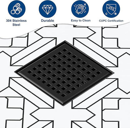 Neodrain 4 Inch Black Square Drain, 304 Stainless Steel Shower Drain Kits with PVC Base, Removable Cover Hair Catcher Strainer for Bathroom Floor Drain, Matte Black