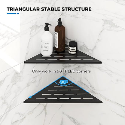 FerdY 2-Pack 10" Matte Black Recessed Corner Shower Shelf, for Tiled Bathroom Walls, 304 Stainless Steel Floating Shower Shelf, Shower Caddy Storage Shelves, No Drilling Required, Striped Triangle