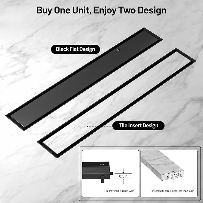 Linear Shower Drain, 304 Stainless Steel with Adjustable Leveling Feet, Hair Strainer,Reversely Install Place to Create an Invisible Floor Drain - Black -24-Inch