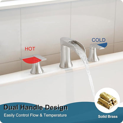 Brushed Nickel Tub Faucet Set 3 Hole, Brass Deck Mount Waterfall Bathtub Faucet Set, High Flow Widespread 6-16 Inch Roman Tub Faucets 2 Handle