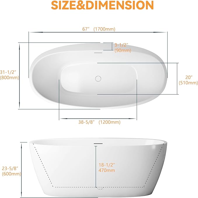 67" Acrylic Free-standing Bathtubs for Bathroom, Soaking Tub, Stand Alone Tub, UPC Certified Slotted Overflow and Pop-up Drain, Tap Deck Bathtub