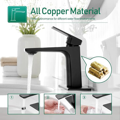 VOTON Matte Black Bathroom Faucet 1 Hole, Single Handle Bathroom Sink Faucets for 1 or 3 Hole with Supply Deck Plate and Hose, Basin, Rv, Lavatory Sink
