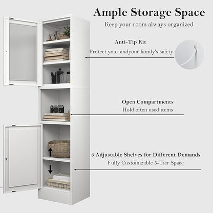 COFaR 67" Tall Metal Bathroom Storage Cabinet,6-Tier Narrow Cabinet with Glass Doors and Adjustable Shelves,Linen Cabinet for Small Spaces,Tall Cabinet for Bathroom,Living Room,White