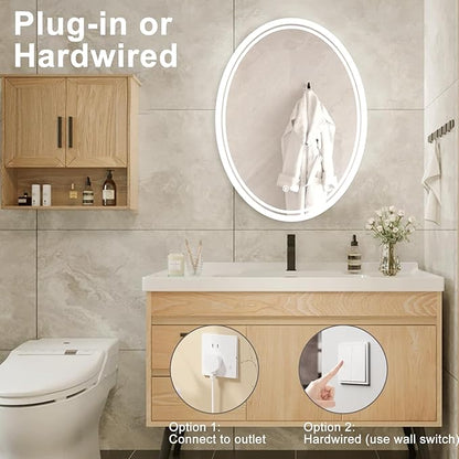 28 x 20 inch Oval LED Bathroom Mirror Anti-Fog 3 Colors Light Dimmable Wall Mounted Lighted Bathroom Vanity Mirror Memory Makeup Mirror Touch Switch