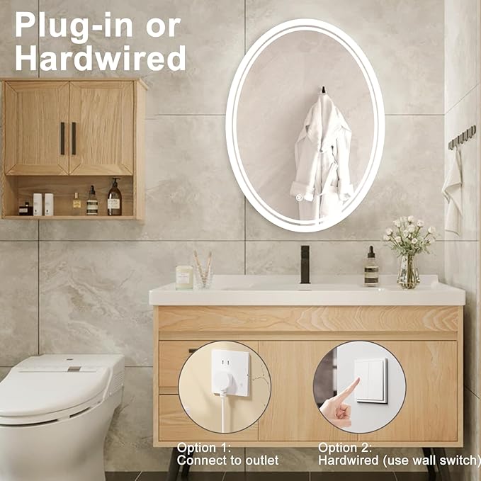 32 x 24 inch Oval LED Bathroom Mirror Anti-Fog 3 Colors Light Dimmable Wall Mounted Lighted Bathroom Vanity Mirror Smart Makeup Mirror Touch Switch