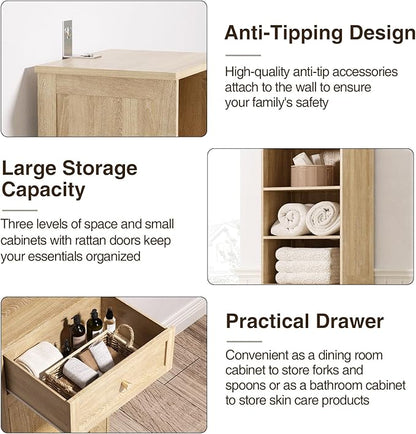 67" H Natural Bathroom Storage Cabinet with Rattan Doors and Slide Storage, Tall Narrow Freestanding Tower Cabinets with Adjustable Shelves for Kitchen, Living Room, Dining Room