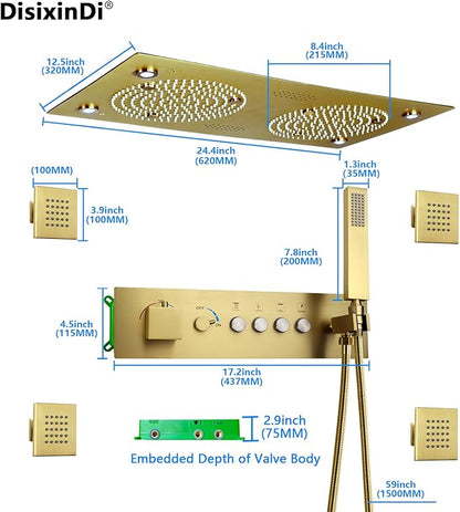 Brushed Gold Thermostatic Rain LED Shower System With Spa Body Jets, 12.5X24.5 Inch Large Horizontal Rectangle Ceiling Shower Head, Double Bath Shower Set Flow Can Be Controlled