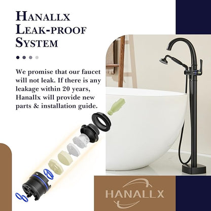 Free Standing Tub Faucet, Hanallx Luxury Matte Black Freestanding Bathtub Faucet with Sprayer, Premium Brass High Flow Rate Floor Mount Tub Filler Swivel Spout, Roman Tub Faucet Set（HM88011-BK）