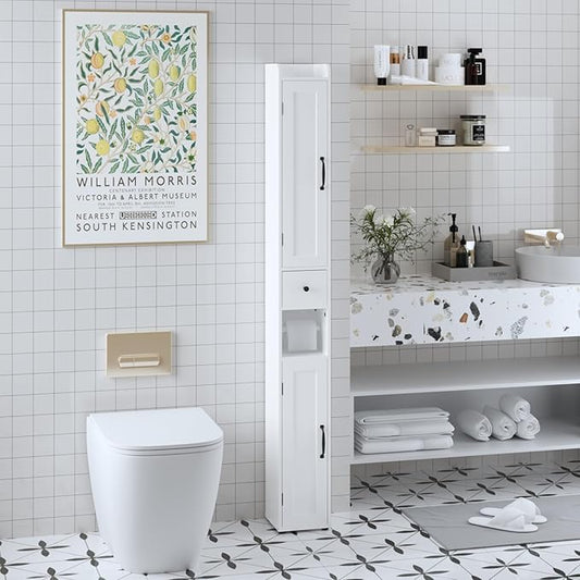 Tall Bathroom Storage Cabinet with Adjustable Shelves,66.92" H Slim 1-Door Freestanding Cabinet for Small Spaces, Bathroom,Kitchen, Living Room,White (Narrow)