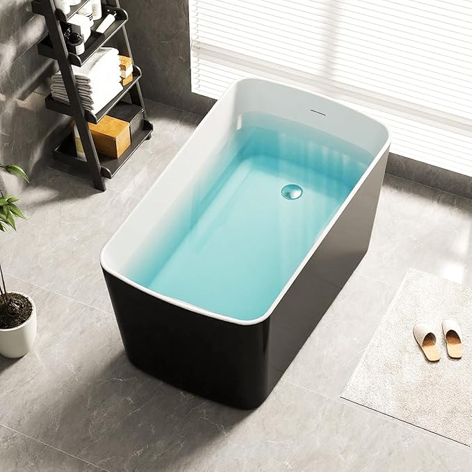 49" Glossy White Acrylic Freestanding Soaking Tub w/Seat- Contemporary Design with Toe-Tap Drain & Brushed Nickel Overflow - 55 Gal, cUPC Certified