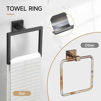 TQKAG 7-Pieces Matte Black Bathroom Hardware Accessories Set 23.6" SUS304 Stainless Steel Towel Bar Set Toilet Paper Spare Rolls Storage Holder Wall Mounted
