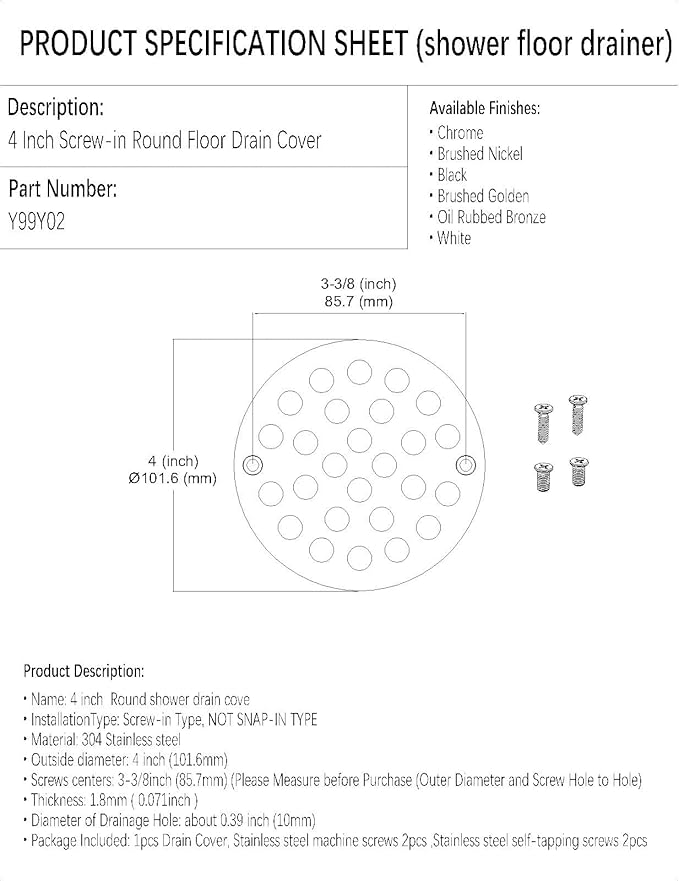 4 Inch Screw-in Round Shower Drain Cover Replacement Floor Drainer with Screws (Oil Rubbed Bronze)