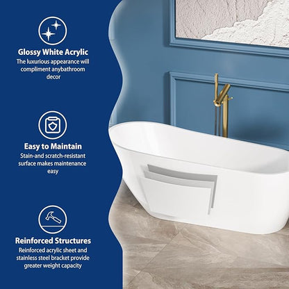 Sarlai 67 Inch Acrylic Freestanding Soaking Bathtub Contemporary Soaking White Tub Stand Alone Ergonomic Bathtub with Chrome Drain and Overflow