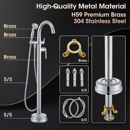 Free Standing Bathtub Faucet Brass Bathtub Faucets High Flow Soaker Tub Faucet with Vintage Handheld Sprayer Polished Chrome