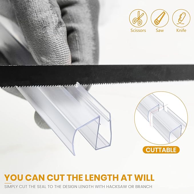 Bathroom Shower Glass Door Bottom Seal Strip, 2PCS 36 Inch Long Clear PVC Seal Strips for 3/8"(10mm) Thick Framless Glass Door Panel