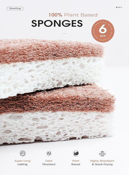 Double Sponge Holder, Water-Absorbing Stone Dish Sponge Caddy for Kitchen Sink Counter, Fast-Drying Stone Sponge Holder with 6 Sponges and 1 Brush, White