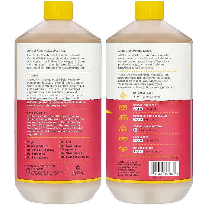 Alaffia Babies & Kids Bubble Bath, Coconut Strawberry, Pump Included – Gentle Cleanser with Raw Shea Butter and Hibiscus, 32 Fl Oz