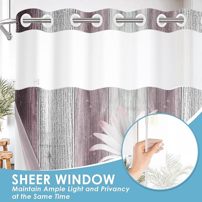 No Hook Flower Daisy Shower Curtain with Snap in Fabric Liner Set, Pink Rustic Farmhouse Double Layers Waterproof Fabric with See Through Top Window Open Grommet Bath Curtain 71x74 Inch