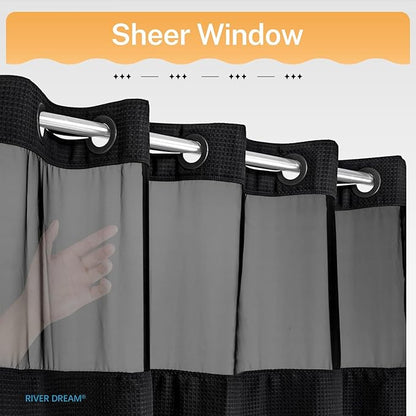 River Dream Heavyweight No Hooks Required Dotted Waffle Weave Shower Curtain with Snap in Liner - 71W x 80H,Hotel Grade,Spa Like Bath Curtain,Graphite Black