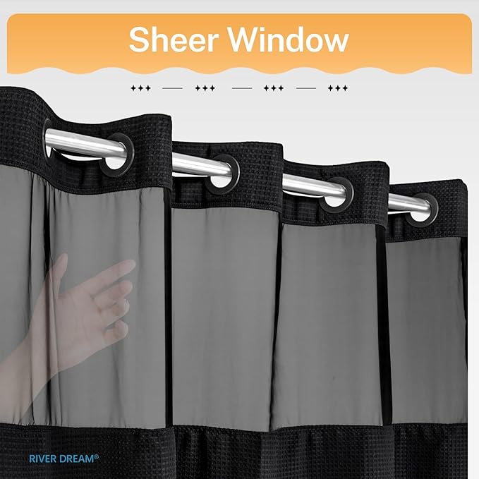 River Dream Heavyweight No Hooks Required Dotted Waffle Weave Shower Curtain with Snap in Liner -Extra Long 71W x 86H,Hotel Grade,Spa Like Bath Curtain,Black