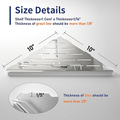 Corner Shower Shelf 10" Polished 304 Stainless Steel Recessed Corner Shelves with Slot Design Bathroom Grout in Shelf for Tiled Wall, 2 Pack