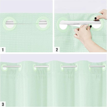 MitoVilla No Hooks Needed Extra Long Shower Curtain Liner Set, Green 86 inch XL Heavyweight Waffle Fabric Cloth Shower Curtains Set with Snap-in Liner for Modern Luxury Hotel & Spa Bathroom Decor