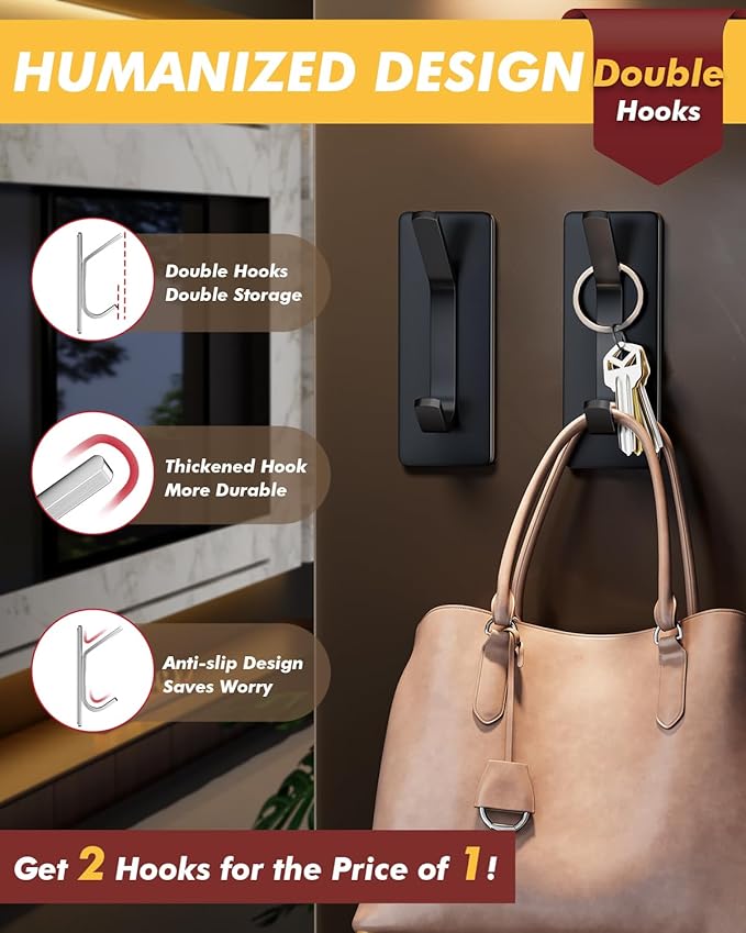 Auxmir Self Adhesive Hooks for Hanging 15lb, Stainless Steel Wall Hooks for Coat and Towel, Waterproof Oilproof Rustproof Adehesive Door Hanger for Bathroom Shower Kitchen Office RV, Black, 5 Pack