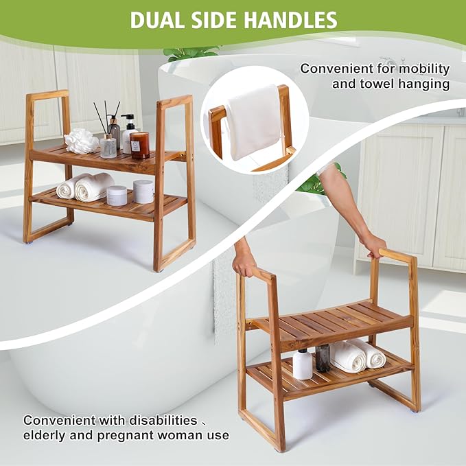 VVW Teak Shower Bench - Shower Seat with Arms Storage Shelf,26 Inch Teak Wood Shower/Wooden Bathroom 2-Tier Spa Bathing Stool/Waterproof,Shower Seat for Adults Elderly,Indoor and Outdoor Use