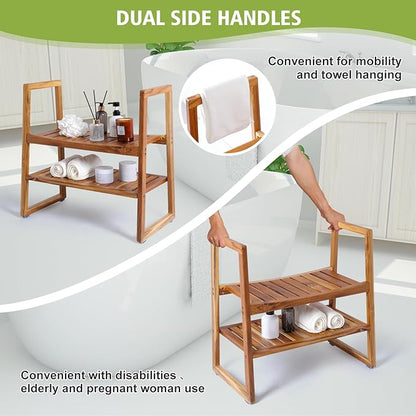 VVW Teak Shower Bench - Shower Seat with Arms Storage Shelf,26 Inch Teak Wood Shower/Wooden Bathroom 2-Tier Spa Bathing Stool/Waterproof,Shower Seat for Adults Elderly,Indoor and Outdoor Use