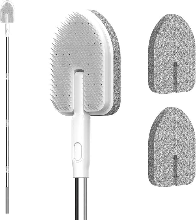 Tub Scrubber Cleaning Brush, Non-Scratch Shower Scrubber with Long Handle, 6 Replaceable Natural Fiber Pads & A Double-Sided Head, Scrub Brush for Cleaning Bathroom Kitchen Wall Sink