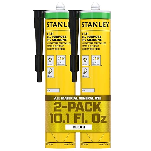 Stanley S421 All-Purpose RTV Silicone Sealant (2 x 10.1 fl.oz.) – 100% Waterproof Clear Caulk | Industrial-Grade Silicone for Kitchen, Bathroom, Shower, Window, Door, Indoor & Outdoor Use | 2 Pack