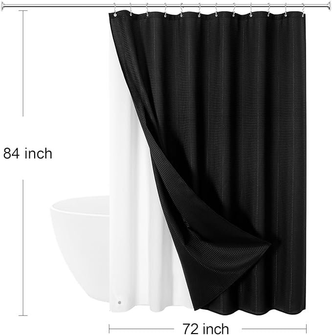3 in 1 Extra Long Shower Curtain Set-72 W x 84 H, Black Waffle and PEVA Liner Set with 12 Stainless Steel Hooks, Waterproof Fabric for Bathroom