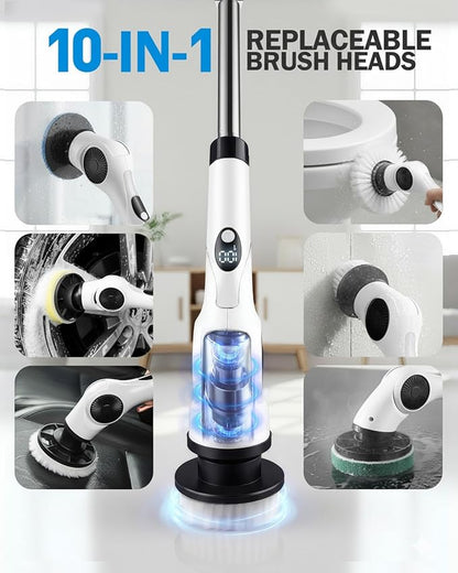 Electric Spin Scrubber, 3-Speed Cordless Shower Scrubber with 90° Adjustable & 10 Replaceable Brush Heads, 90 Mins Runtime & Full-Body IPX7 Waterproof Shower Cleaner Brush with Long Handle