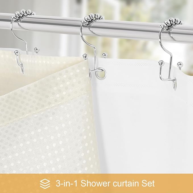 3 in 1 Extra Long Cream Shower Curtain Set-72 W x 84 H, Ivory Waffle and PEVA Liner Set with 12 Stainless Steel Hooks, Waterproof Fabric for Bathroom