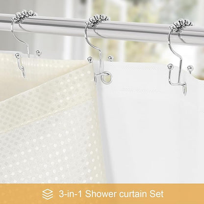 3 in 1 Stall Half Size Cream Shower Curtain Set-36 W x 72 H, Ivory Waffle Waterproof Fabric and PEVA Liner Set with Stainless Steel Hooks