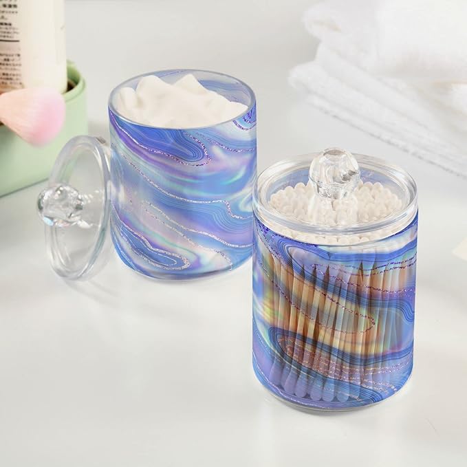 MNSRUU 2 Pack Qtip Holder Organizer Dispenser Liquid Shiny Blue Bathroom Storage Canister Cotton Ball Holder Bathroom Containers for Cotton Swabs/Pads/Floss