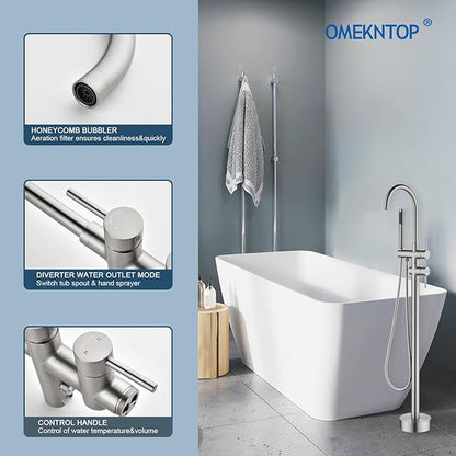 Freestanding Bathtub Faucet Floor Mount Tub Filler Brush Nickel, OMEKNTOP Modern Freestanding Tub Faucet with 360 Swivel Gooseneck Spout and Handheld Shower, Standing Tub Faucet for Bathroom