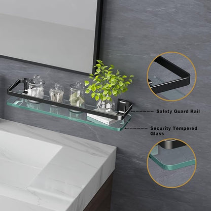VOLPONE Bathroom Wall Shelf 15.7in Bathroom Glass Shelves Wall Mount Glass Shelf Rustproof Bathroom Wall Organizer 3 Tier (Black)