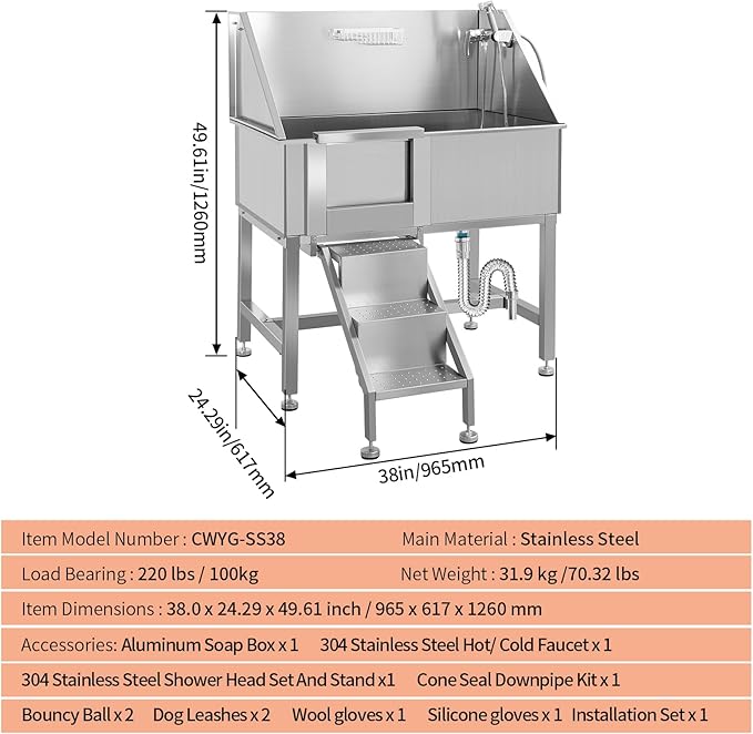 38" Stainless Steel Dog Cat Pet Grooming Bath Tub (w/Faucet, Sprayer, Shampoo Rack),Left Door