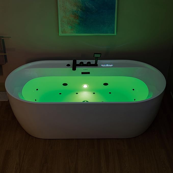 WOODBRIDGE 72" x 35-3/8" Whirlpool and Air Bath Heated Soaking Combination Tub with Adjustable Speed Air Blower, Tub Filler, and LED control panel, Matte Black Finish Trim and Drain Kit, BM500+F0051MB