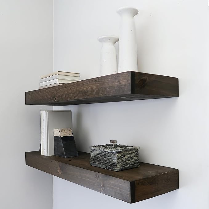 Urbandi Modern Floating Shelves 3 Inches Thick for Wall, Wide Shelves for Kitchen, Living Room, Bedroom, and Bathroom, Natural Pine Wood, Rustic Wooden Shelf, (Set of 2) (Jacobean, 36Lx3Hx8D)