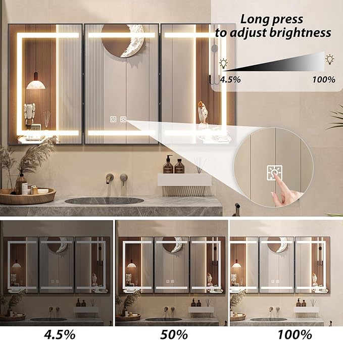 APRILSOUL 48X32 Inch Black Bathroom Medicine Cabinet with Mirror, Recessed or Surface Lighted Medicine Cabinet with 3 Colors Temperature, Dimmable Light